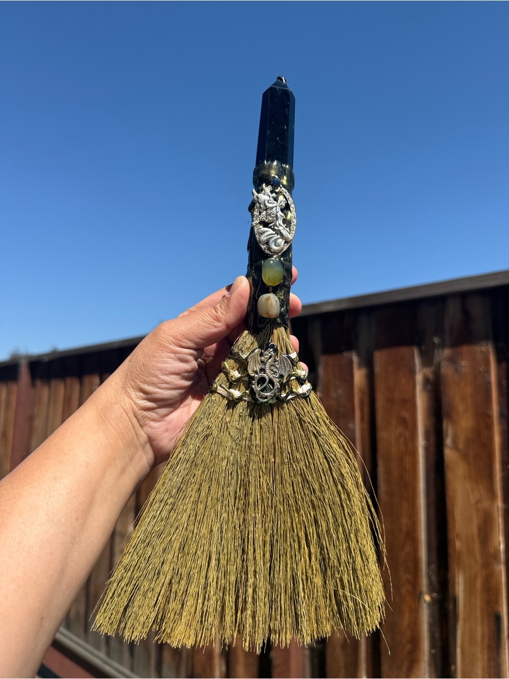 Handmade Black Obsidian Fairy Nymph & Dragon Besom Altar Broom